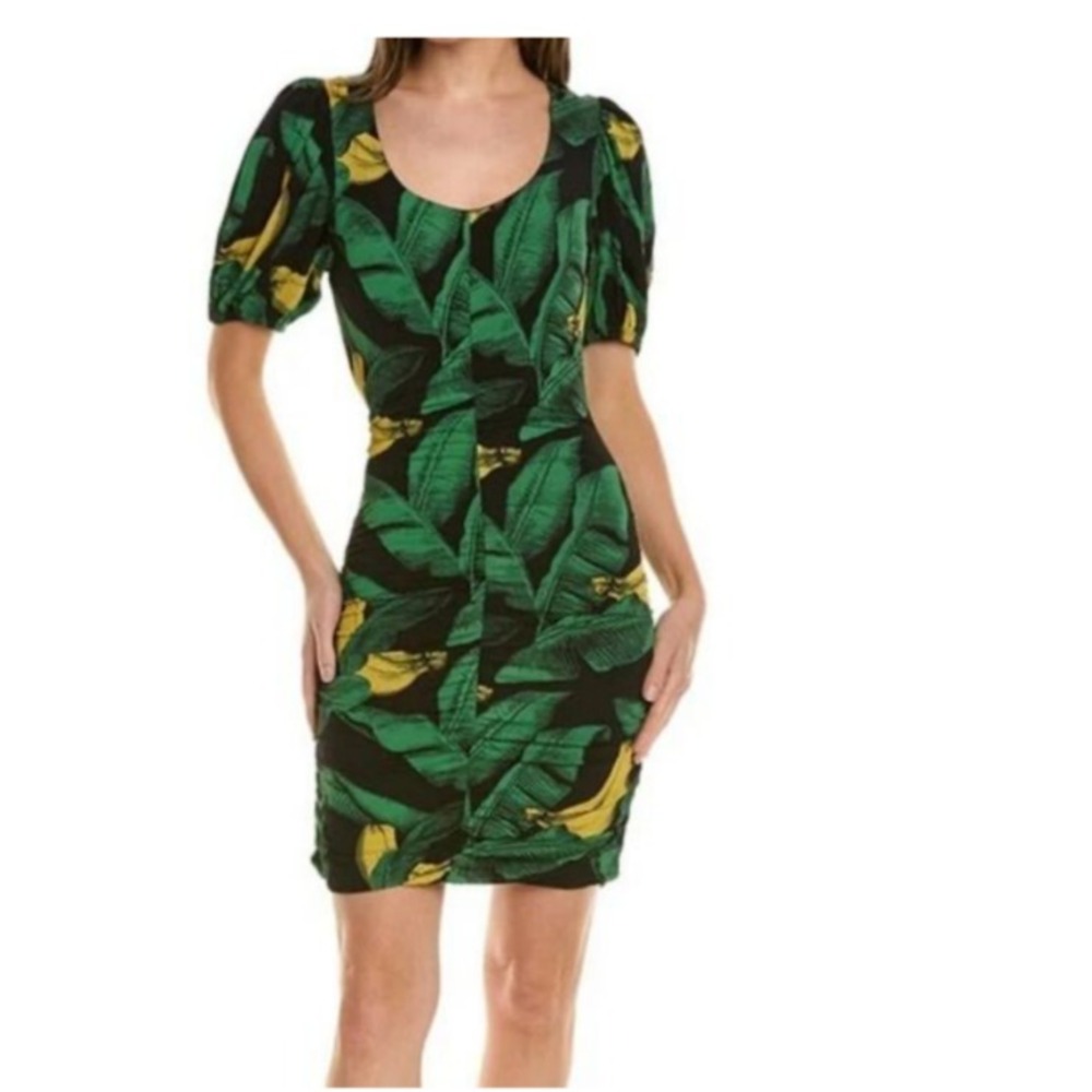 Ganni Sheath Dress Tropical Leaf Print U-Neck Short Puff Sleeves Ruching SZ 34/S